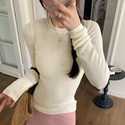 Solid Color Slim Fit Basic Tee for Women Round Neck Inner Knitwear