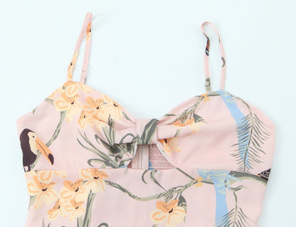 Floral print split suspender dress, long skirt