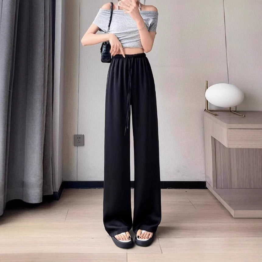 Lightweight High-Waisted Ice Silk Satin Wide-Leg Straight Pants