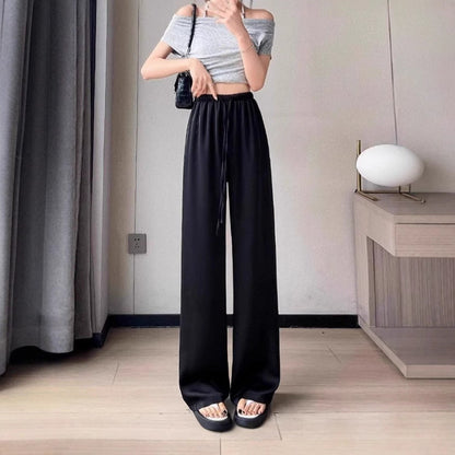 Lightweight High-Waisted Ice Silk Satin Wide-Leg Straight Pants
