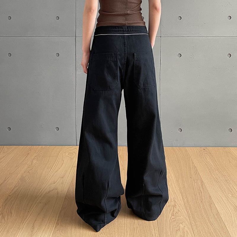 Checkered Patchwork Denim Pants, Vintage Loose Pleated Pants